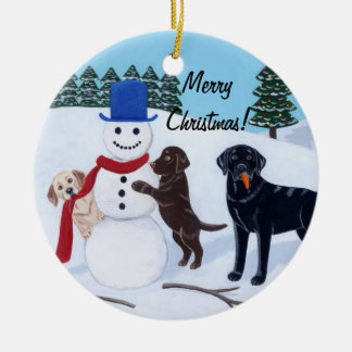 クリスマスのラブラドールの絵画の雪だるま セラミックオーナメント