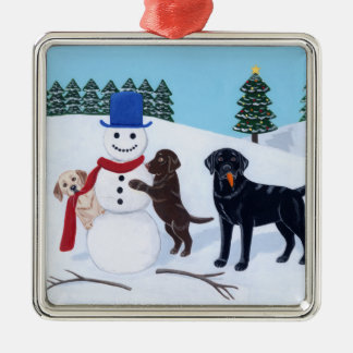 クリスマスのラブラドールの絵画の雪だるま メタルオーナメント
