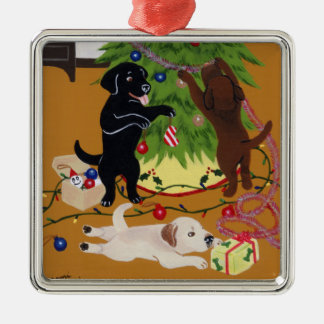 クリスマスのラブラドールの絵画 メタルオーナメント
