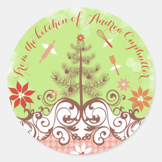 クリスマスのラベルの台所からの天使の道具 ラウンドシール (正面)