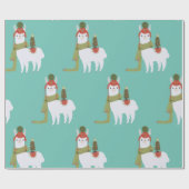 クリスマスのラマのティール(緑がかった色) ラッピングペーパー (フラット)