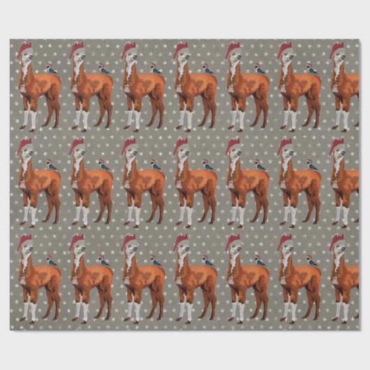 クリスマスのラマ及び鳥の包装紙 ラッピングペーパー (フラット)