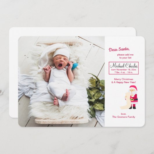 クリスマスのリストの写真の誕生の発表を用いるサンタ 招待状 (正面/裏面)