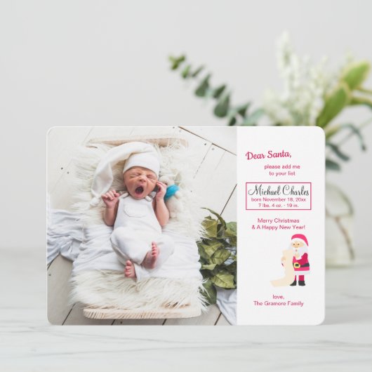 クリスマスのリストの写真の誕生の発表を用いるサンタ 招待状 (スタンド正面)