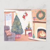 クリスマスのリビングルーム | 水彩のホリデー シーズンポストカード (正面)