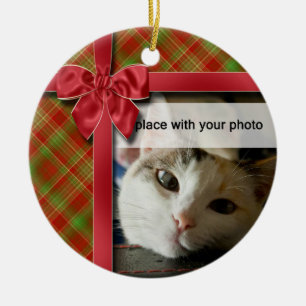 クリスマスのリボンおよび格子縞の写真のオーナメント セラミックオーナメント