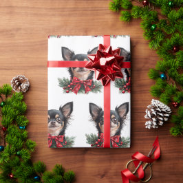 クリスマスのリボンを付けたかわいいチワワ ラッピングペーパー