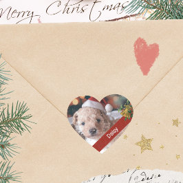クリスマスのリボン犬のクリスマスフォト ハートシール