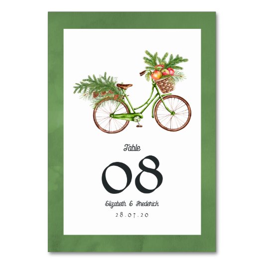 クリスマスのリンゴと松の自転車 冬の結婚式 テーブルナンバー (正面)