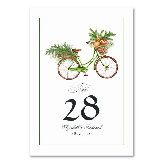 クリスマスのリンゴと松の自転車 冬の結婚式 テーブルナンバー (正面)