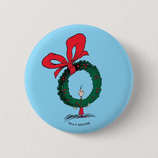 クリスマスのリースから顔を覗かせるフー 缶バッジ (正面)