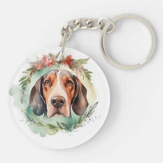 クリスマスのリースで飾られたTreeing Walker Coonhound キーホルダー (裏面)