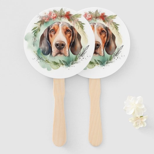 クリスマスのリースで飾られたTreeing Walker Coonhound ハンドファン (正面&裏面)