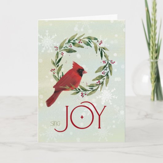 クリスマスのリースとカーディナル Sing Joy カード (正面)