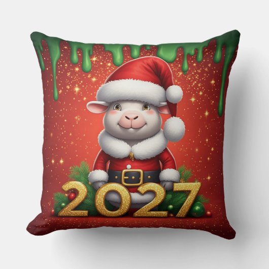 クリスマスのリースとサンタの帽子をかぶったやぎのイラスト クッション (正面)