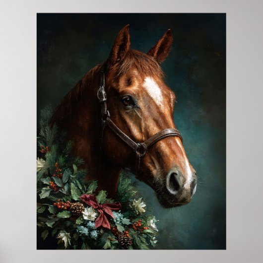 クリスマスのリースと赤いリボンをつけた馬 ポスター (正面)