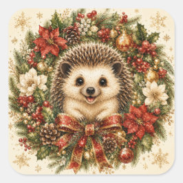 クリスマスのリースに囲まれたハリネズミ スクエアシール