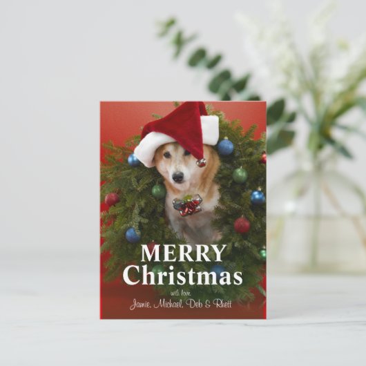 クリスマスのリースに坐っている柴犬犬 シーズンポストカード (スタンド正面)