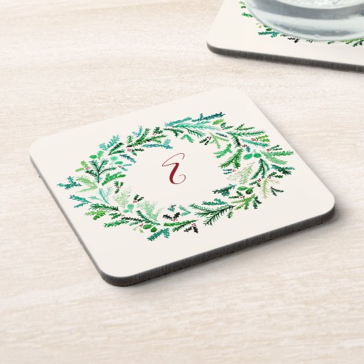 クリスマスのリースのモノグラム コースター (左側)