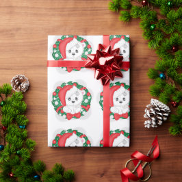 クリスマスのリースの中の可愛い白くま ラッピングペーパー