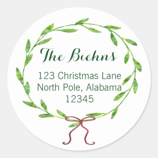 クリスマスのリースの差出人住所ラベル ラウンドシール (正面)