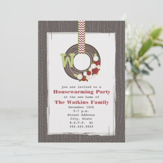 クリスマスのリースの木によってインスパイア引っ越し祝いパーティーのパーティー 招待状 (スタンド正面)