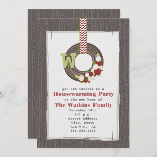 クリスマスのリースの木によってインスパイア引っ越し祝いパーティーのパーティー 招待状 (正面/裏面)