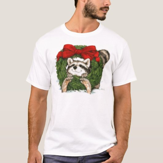 クリスマスのリースの装飾およびアライグマ Tシャツ (正面)