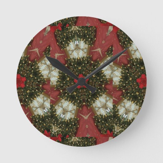 クリスマスのリースの赤い星との赤い緑金ゴールド ラウンド壁時計 (正面)