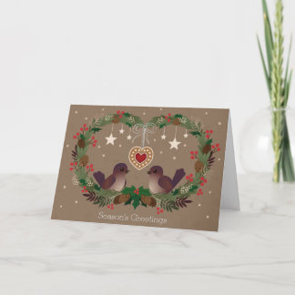 クリスマスのリースの2羽の鳥 シーズンカード