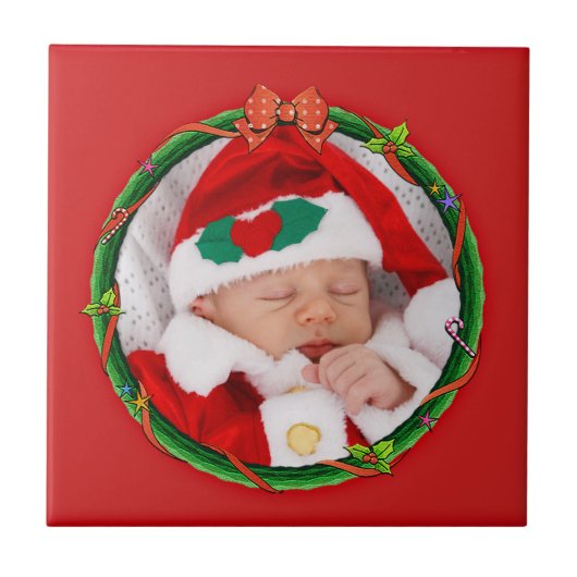 クリスマスのリースはあなたの写真及び赤い背景を加えます タイル (正面)