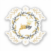 クリスマスのリースを付けた鹿 黄色 ヴィニール シール (正面)