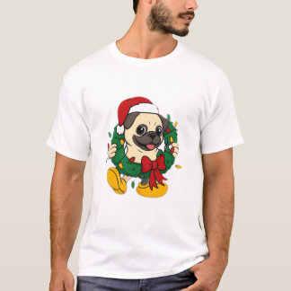 クリスマスのリースを持つキュートなパグ Tシャツ