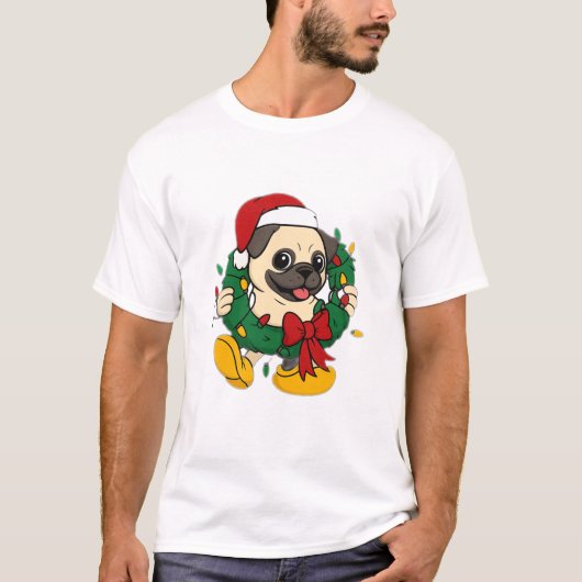クリスマスのリースを持つキュートなパグ Tシャツ (正面)
