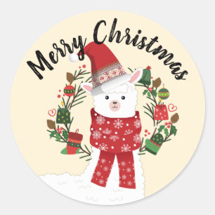 クリスマスのリースを持つ愛らしいラマ僧 ラウンドシール