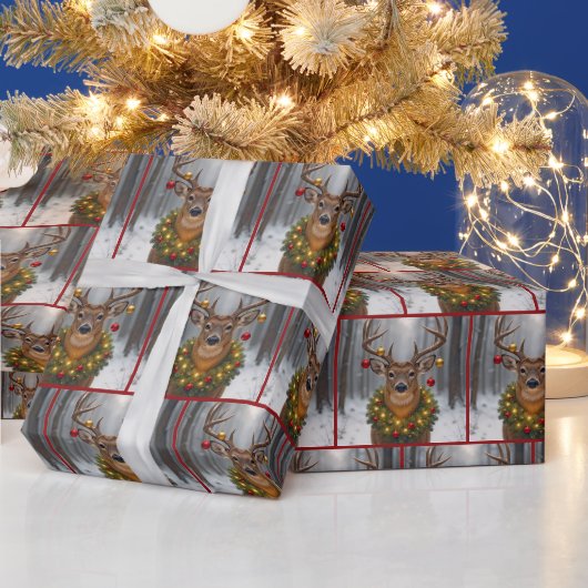 クリスマスのリースを身に着けた雄鹿 ラッピングペーパー (クリスマス)
