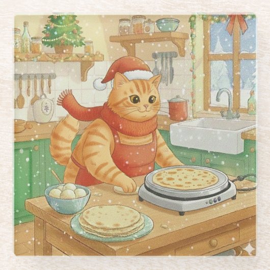 クリスマスのルーフセを作るノルウェー猫、コースター ガラスコースター (正面)