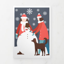 クリスマスのレズビアンカップルと犬と雪だるまのパーソナライズ 三つ折りクリスマスカード