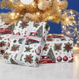 クリスマスのレッドトラック柄  ラッピングペーパー