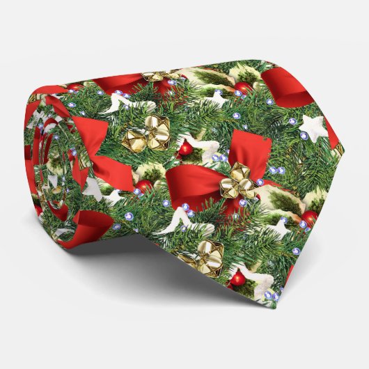 クリスマスのレッドボウとヒイラギの葉 ネクタイ (ロール)