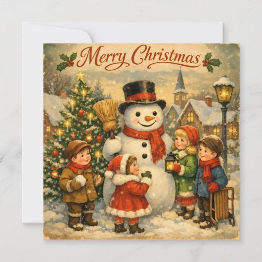 クリスマスのレトロな子供たちと雪だるま シーズンカード (正面)