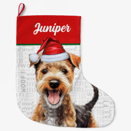 クリスマスのレークランド・テリア 名前 Woof 背景 ラージクリスマスストッキング
