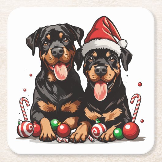 クリスマスのロットワイラー犬サンタ スクエアペーパーコースター (正面)