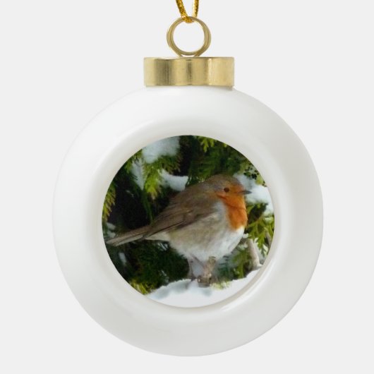 クリスマスのロビンの装飾 セラミックボールオーナメント (正面)
