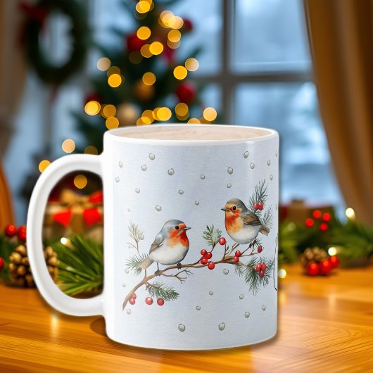 クリスマスのロビン鳥とベリーの枝 コーヒーマグカップ