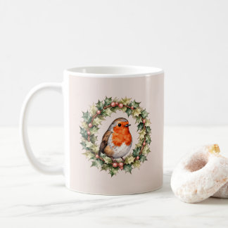 クリスマスのロビン・ホーリーのリースの水彩画 コーヒーマグカップ