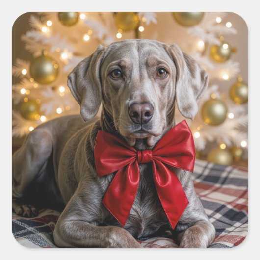 クリスマスのヴァイマラナー犬 赤いリボン付き スクエアシール (正面)