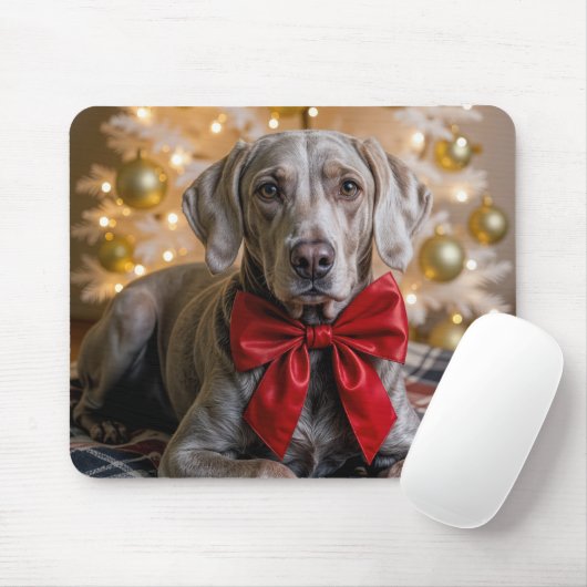クリスマスのヴァイマラナー犬 赤いリボン付き マウスパッド (マウス)
