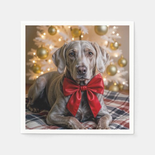 クリスマスのヴァイマラナー犬 赤いリボン スタンダードカクテルナプキン (正面)