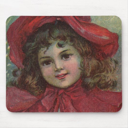 クリスマスのヴィクトリア朝の子供の赤い帽子の少女の肖像画 マウスパッド (正面)